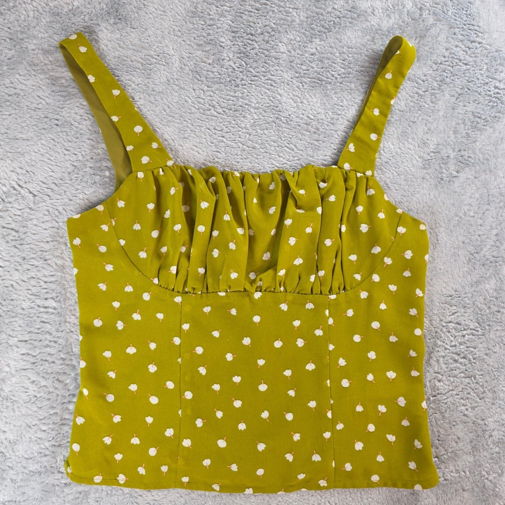 J.O.A. Women XS Olive Green Floral Camisole Ruched Sweetheart Smocked Top